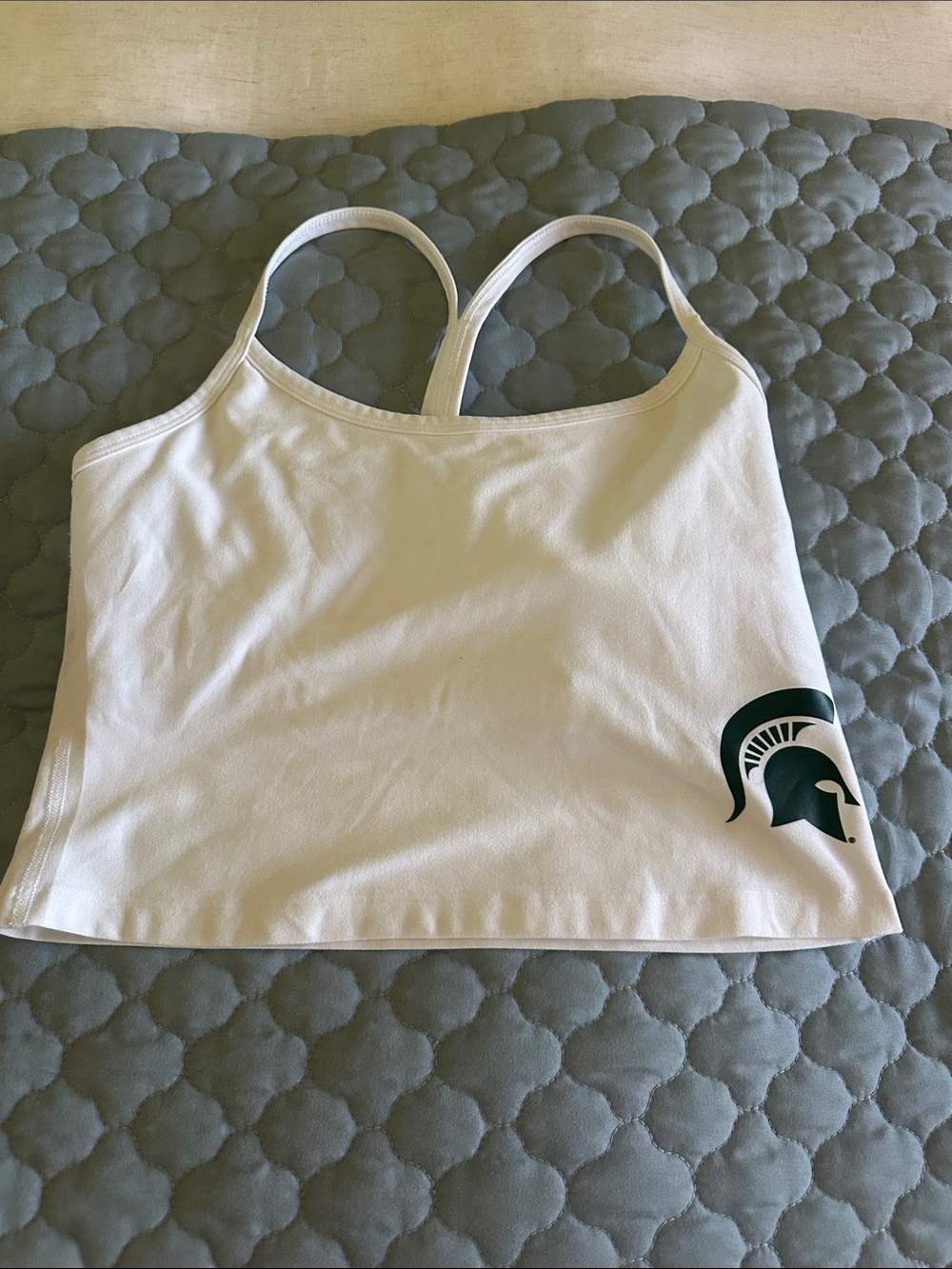 Beyond Yoga White Tank Top with Dark Green Spartan Logo